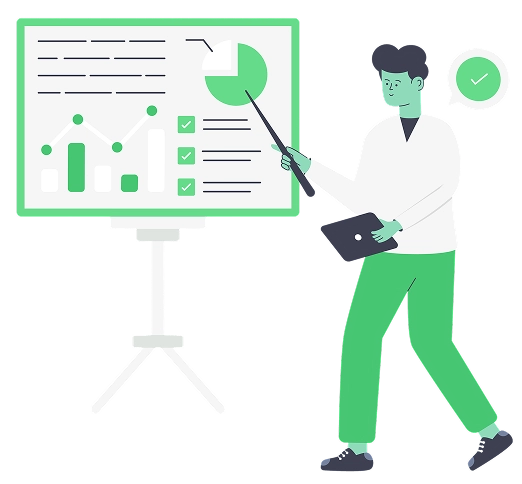 illustratie van persoon die presentatie geeft met grafieken en statistieken