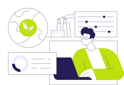 illustratie van persoon met laptop en eco statistieken en grafieken