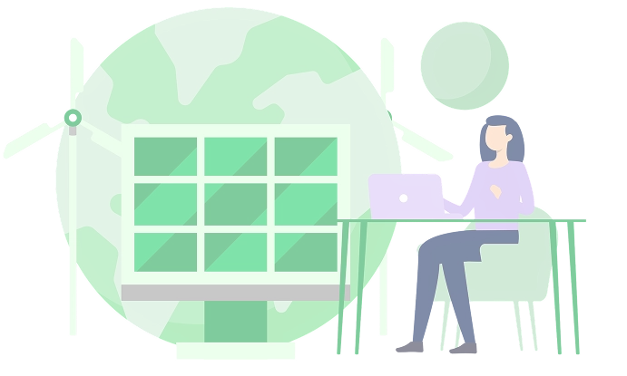 illustratie van persoon met laptop en windenergie en duurzame technologie